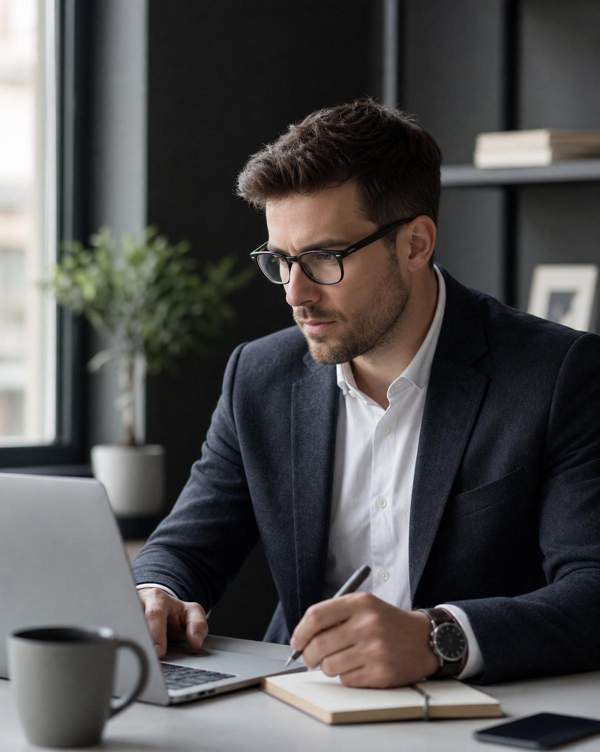 A focused professional working deeply on a leadership certificate program