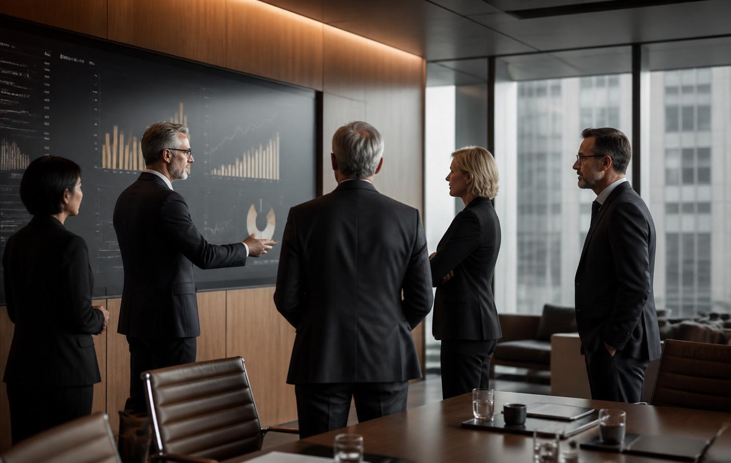 Senior leadership team reviewing performance data in a modern boardroom